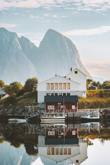 Lofoten islands village in Norway landscape water reflection view travel scenery famous place...