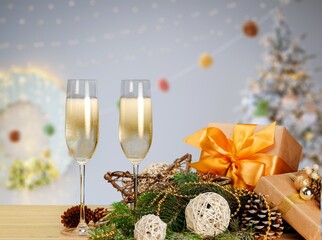 A bottle of champagne on a background decorated for New Years celebration
