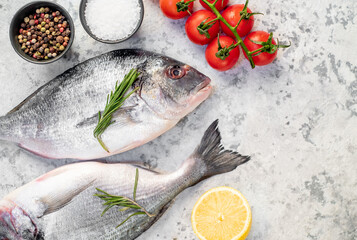 raw dorado fish on a light stone background