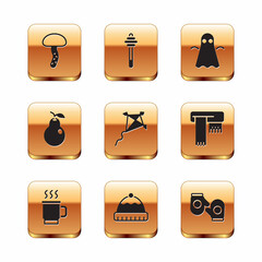 Set Mushroom, Cup of tea, Winter hat, Kite, Pear, Ghost, Christmas mitten and Honey dipper stick icon. Vector