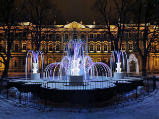 Festive illumination for Christmas and New Year in the form of a fountain in the Garden of the Winter Palace of St. Petersburg