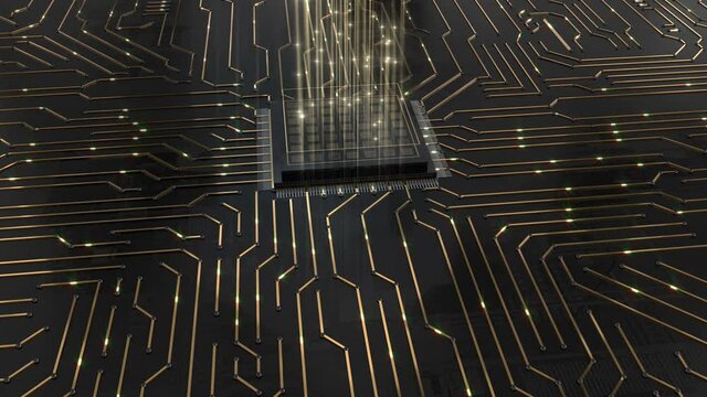 Transferring data electronic impulse.Technological motherboard electrical circuit with light rays.3D generated.Infographic digital elements. Abstract technological background.