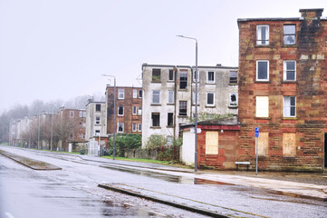 Derelict council house in poor housing estate slum with many social welfare issues in Port Glasgow