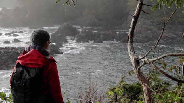 Woman Taking In View Of Rugged Ocean Coastline