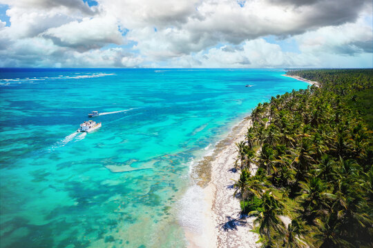 aerial view of an excursion boat cruising along the beautiful caribbean beach with a lot of palm trees, Punta Cana, Dominican Republic