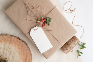 Christmas Zero waste tag mockup, eco friendly packaging. Ecological Christmas holiday concept, eco decor.