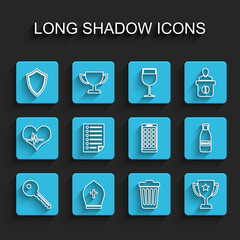 Set line Key, Pope hat, Shield, Trash can, Trophy cup, Document, Glass bottle milk and cap and Mobile Apps icon. Vector