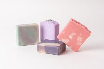 Set of natural handmade soap on light background. Soap with different smells. Eco-friendly products concept