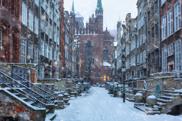 Beautiful Mariacka street in Gdansk at snowy winter, Poland