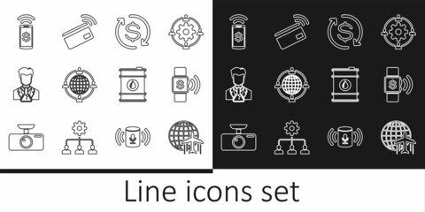 Set line Globe with flying plane, Contactless payment, Return of investment, Outsourcing concept, Scientist and test tube, Barrel oil and icon. Vector