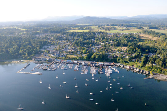 Boats at anchor in Cowichan Bay, Vancouver Island, British Columbia, Canada.