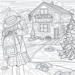 Schoolgirl come home. The girl and the house in the mountains.Coloring book antistress for children and adults. Illustration isolated on white background. Zen-tangle style. Hand draw
