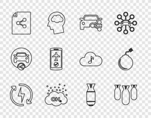 Set line Recharging, Aviation bombs, Car sharing, Methane emissions reduction, Share file, Flight mode the mobile, and Bomb ready to explode icon. Vector