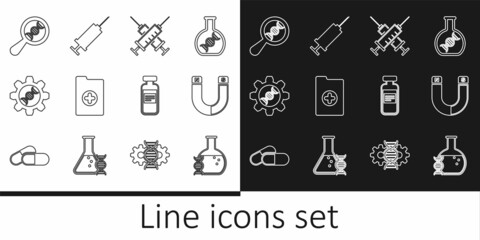 Set line DNA research, search, Magnet, Crossed syringe, Clinical record, Genetic engineering, Medical vial, ampoule and Syringe icon. Vector