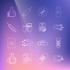 Set line Customer attracting, DNA research, search, Magnet with money, Genetic engineering, Health record folder, Syringe, and Clipboard analysis icon. Vector