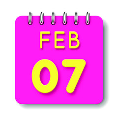 07 day of the month. February. Cute calendar daily icon. Date day week Sunday, Monday, Tuesday, Wednesday, Thursday, Friday, Saturday. Neon yellow. Pink Paper. White background.