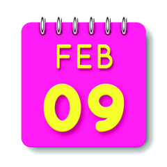 09 day of the month. February. Cute calendar daily icon. Date day week Sunday, Monday, Tuesday, Wednesday, Thursday, Friday, Saturday. Neon yellow. Pink Paper. White background.