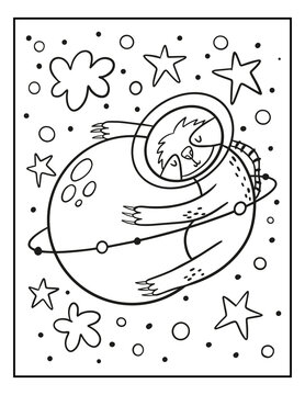 Cute cartoon coloring page with sloth. Coloring poster with sleeping sloth