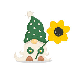 cute garden gnome in green hat holding sunflower spring gnome