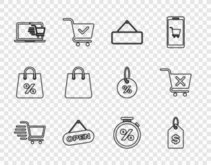 Set line Shopping cart, Price tag with dollar, Signboard hanging, Hanging sign Open door, on laptop, Handbag, Stopwatch percent and Remove shopping icon. Vector