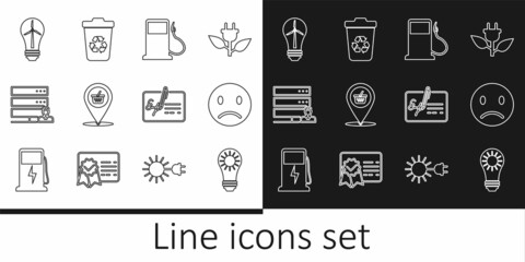 Fototapeta na wymiar Set line Solar energy panel, Sad smile, Petrol or Gas station, Location shopping basket, Customer care server, Light bulb with wind turbine, Signed document and Recycle recycle icon. Vector
