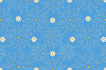 Easter Decoration Seamless Flowers Ornament. Spring will come with chamomiles, the human soul will apt to revive also. Dreaming, look to the blue sky. The sun's rays are reflected in petals. 