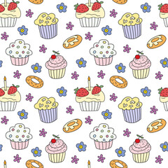 Cake seamless pattern. Hand drawn background with variuos cakes on white.