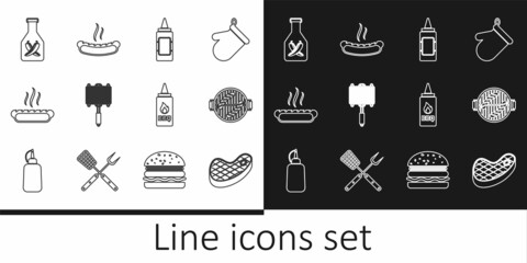 Set line Steak meat, Barbecue grill with sausage, Mustard bottle, steel grid, Hotdog sandwich, Ketchup, and icon. Vector