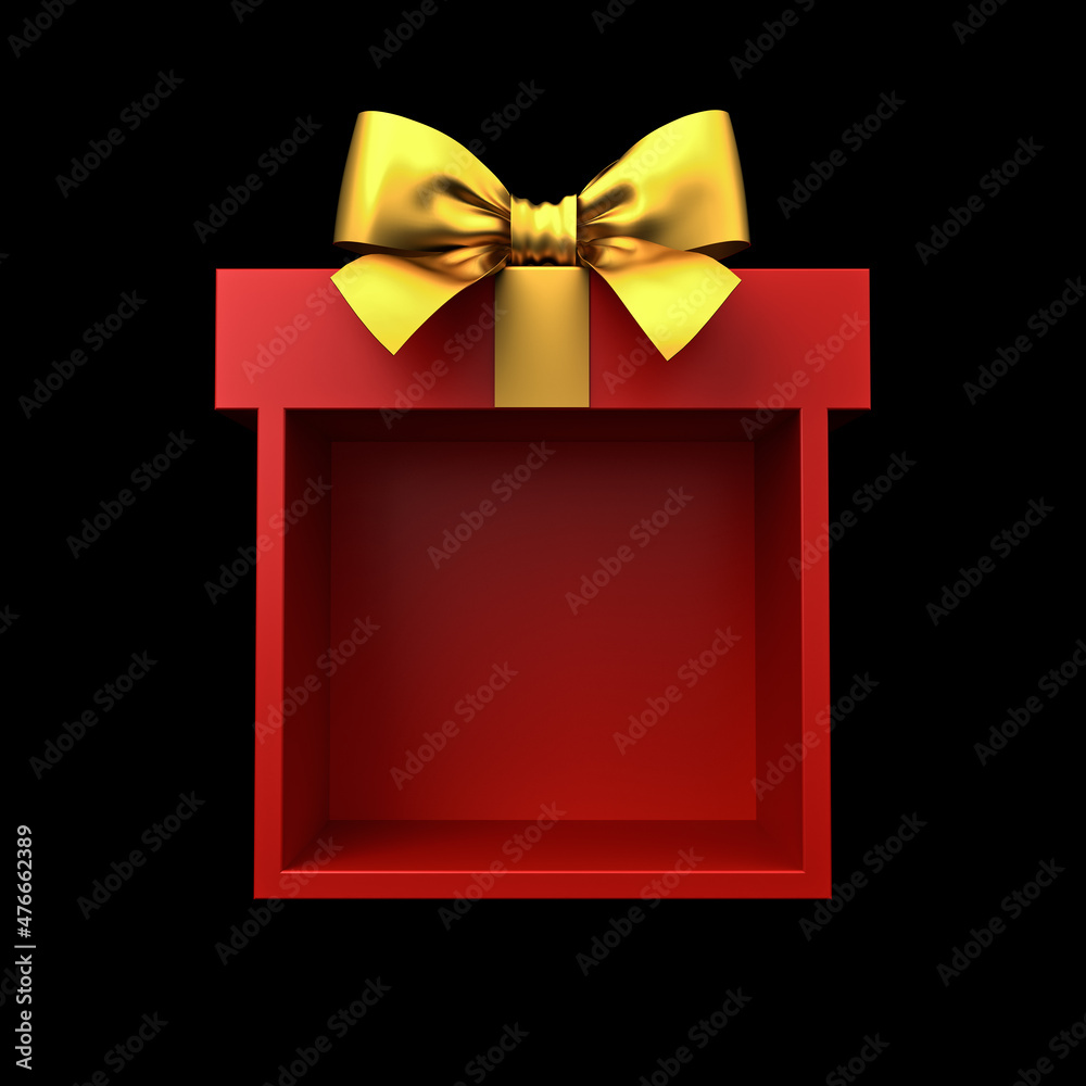 Poster exhibition booth display showcase or blank red gift box stand with gold ribbon bow isolated on black