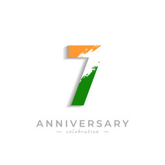 7 Year Anniversary Celebration with Brush White Slash in Yellow Saffron and Green Indian Flag Color. Happy Anniversary Greeting Celebrates Event Isolated on White Background