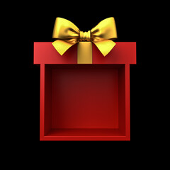 Exhibition booth display showcase or blank red gift box stand with gold ribbon bow isolated on black background minimal conceptual 3D rendering