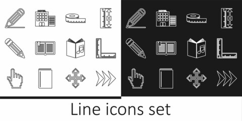 Fototapeta na wymiar Set line Arrow, Folding ruler, Tape measure, Open book, Pencil, and line, Audio and Hotel building icon. Vector