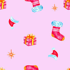 christmas patern with sock hat and gift on pink background