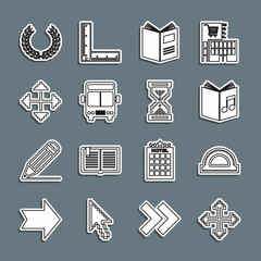 Set line Pixel arrows in four directions, Protractor grid, Audio book, Open, Bus, Laurel wreath and Hourglass pixel icon. Vector