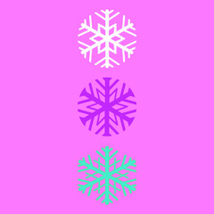 Three snowflakes of different colors on a pink background. - obrazy, fototapety, plakaty