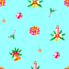 christmas patern with decorations and gifts on a blue background