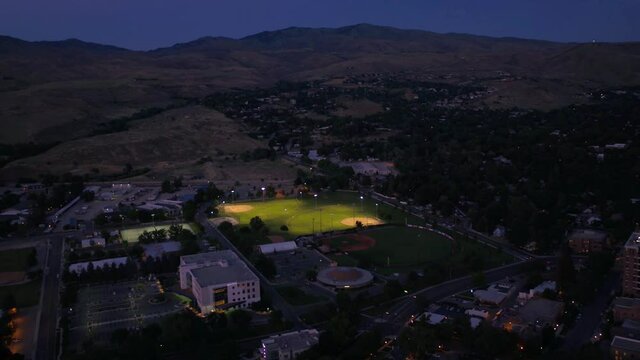 Aerial Flying Over Night Boise, Fort Boise Park, Downtown, City Lights