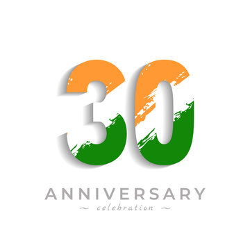 30 Year Anniversary Celebration with Brush White Slash in Yellow Saffron and Green Indian Flag Color. Happy Anniversary Greeting Celebrates Event Isolated on White Background