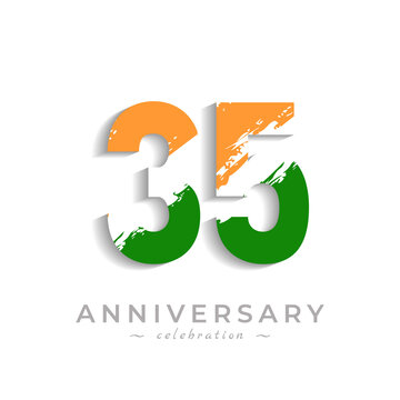 35 Year Anniversary Celebration with Brush White Slash in Yellow Saffron and Green Indian Flag Color. Happy Anniversary Greeting Celebrates Event Isolated on White Background