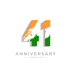 41 Year Anniversary Celebration with Brush White Slash in Yellow Saffron and Green Indian Flag Color. Happy Anniversary Greeting Celebrates Event Isolated on White Background - obrazy, fototapety, plakaty