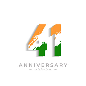 41 Year Anniversary Celebration with Brush White Slash in Yellow Saffron and Green Indian Flag Color. Happy Anniversary Greeting Celebrates Event Isolated on White Background