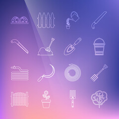 Set line Tree, Garden pitchfork, Bucket, Watering can, Shovel the ground, saw, Automatic irrigation sprinklers and trowel spade shovel icon. Vector