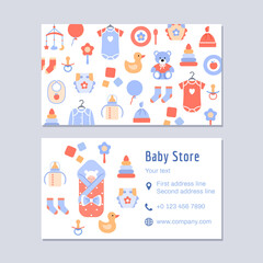 Baby store visiting business card design template for discount or sale. Color flat creative identity layout. Clothing toy, kids accessories. Contact, mobile phone, website internet vector illustration