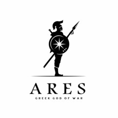 Silhouette of Ares god of war with Shield and Spear, Mighty Greek warrior Logo Design
