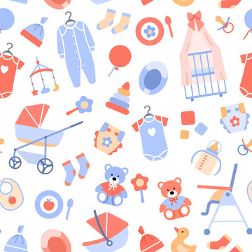 Flat baby background seamless pattern. Baby shower wrapping paper decoration. Pastel backdrop for celebration print, fabric ornament, scrapbook. Newborn textile element design vector illustration.
