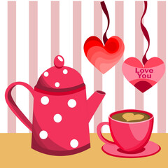 Valentine's Day tea set - teapot and cup on saucer with red dots. Heart-shaped glass balls hang on ribbon. holiday card with hot drink. With love. Vector design concept for Valentine's Day