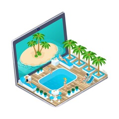 3D isometric. Advertising concept of tours. Online viewing of apartments, choosing a tour via the Internet, vacation for pregnant women. Vector illustration