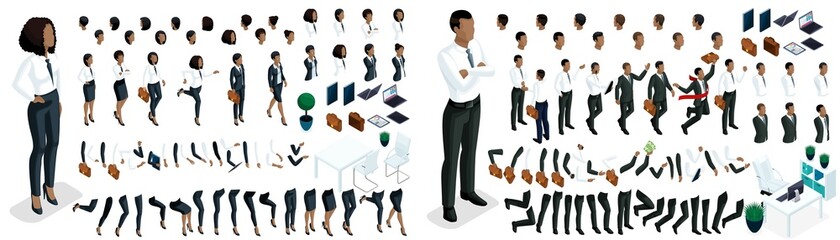 Large isometric Set of hand gestures and legs of African American woman and men 3d business lady. Create your isometric office worker for vector illustrations