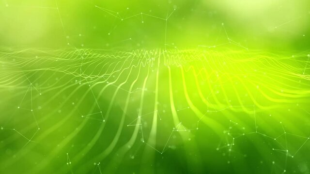 Abstract glowing green lines and dots on nature seamless looping bokeh copy space background.