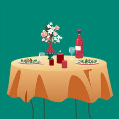 Romantic dinner table. Birthday, new year celebration.  Invitation  postcard. 